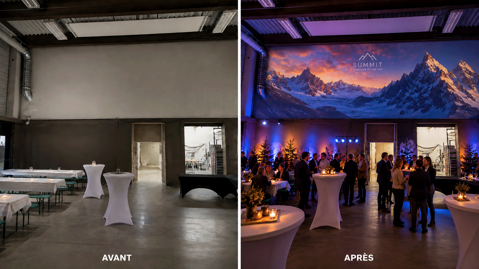 Avant / après : une salle brute transformée par une projection alpine et une mise en lumière pour une soirée d'entreprise