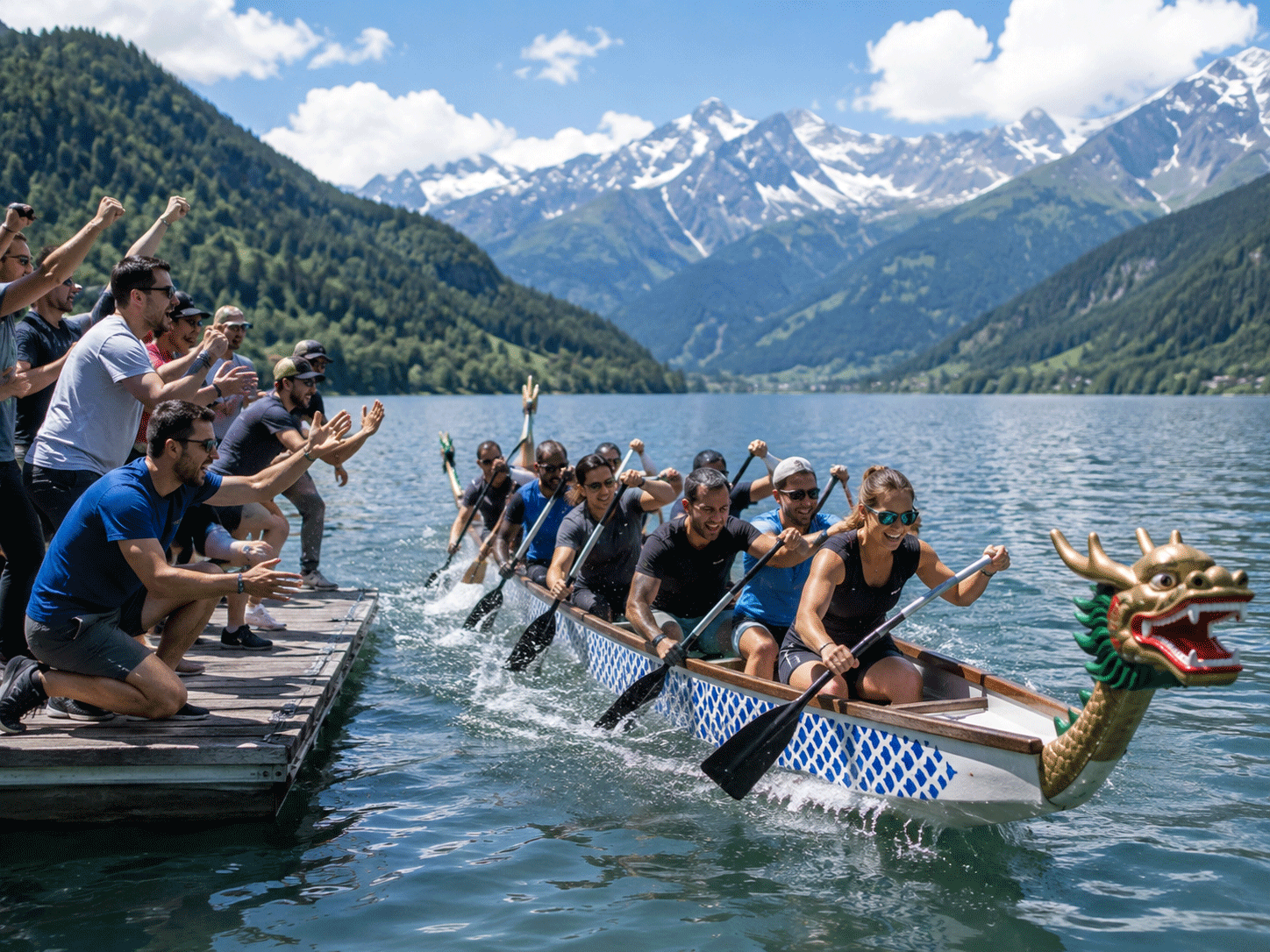 Équipe pagayant ensemble sur un Dragon Boat au bord des montagnes