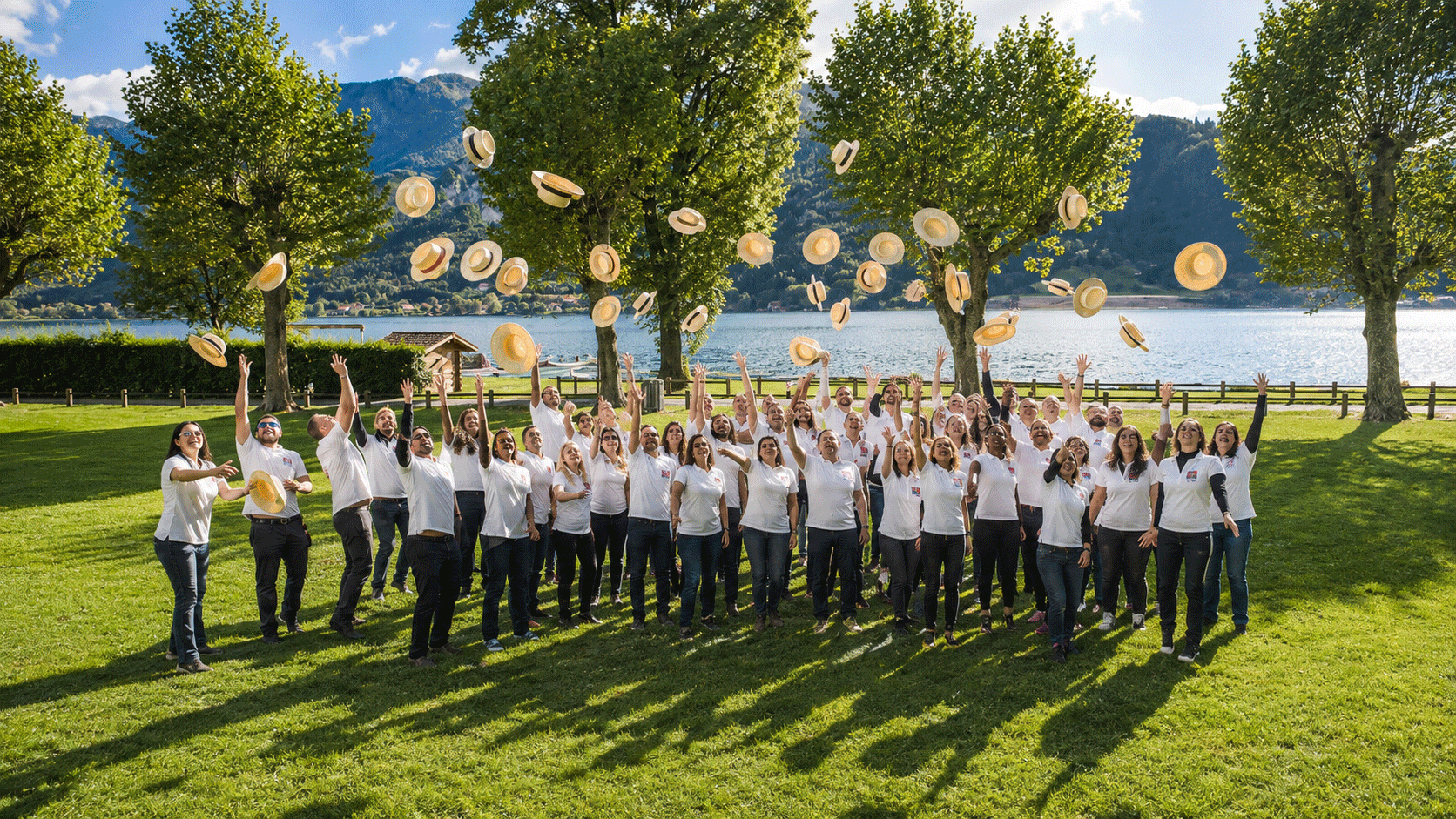Équipe lançant des chapeaux de paille en l'air au bord du lac d'Annecy lors d'un anniversaire d'entreprise
