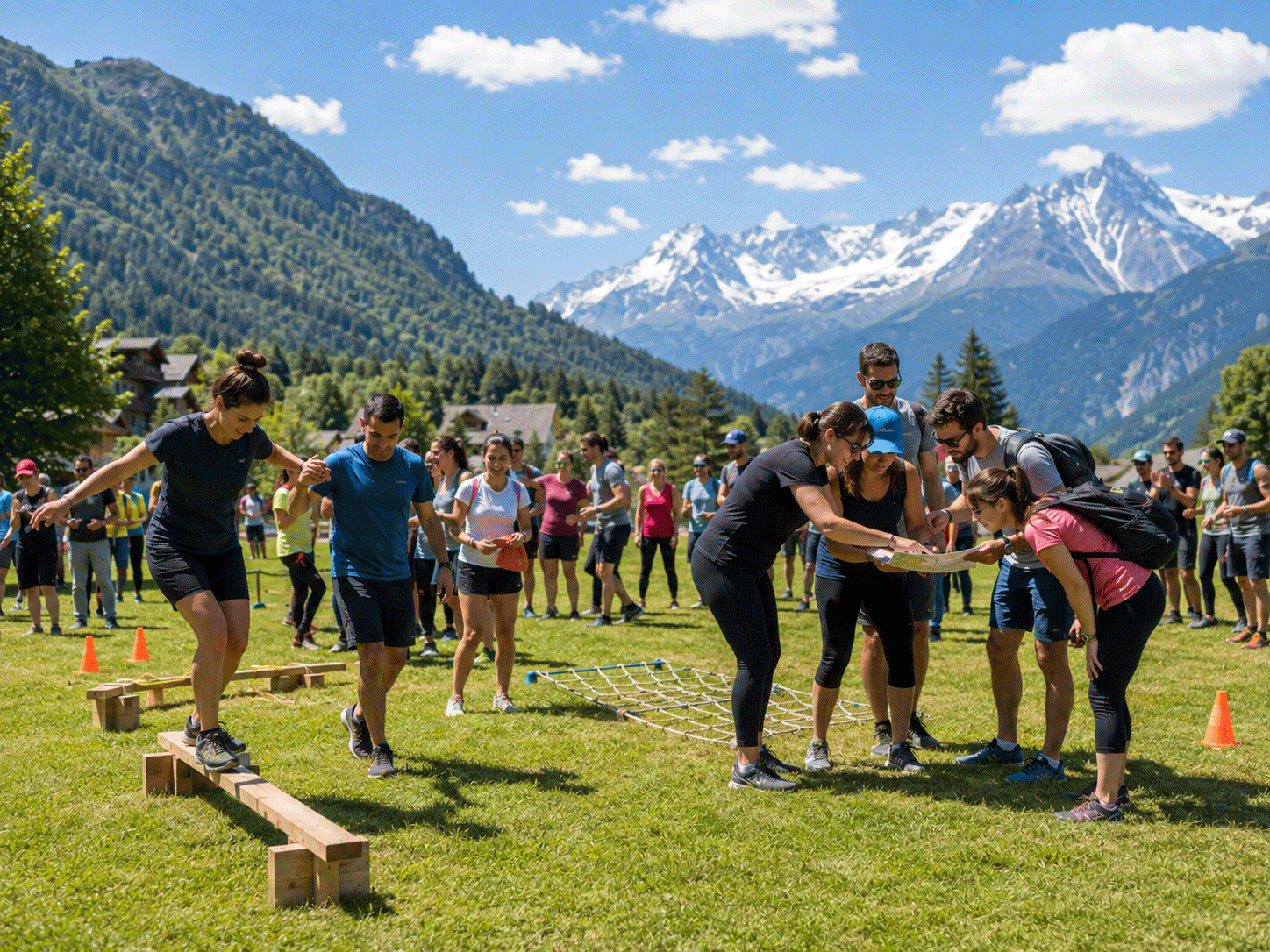 Équipe en compétition lors d'olympiades multi-activités en montagne