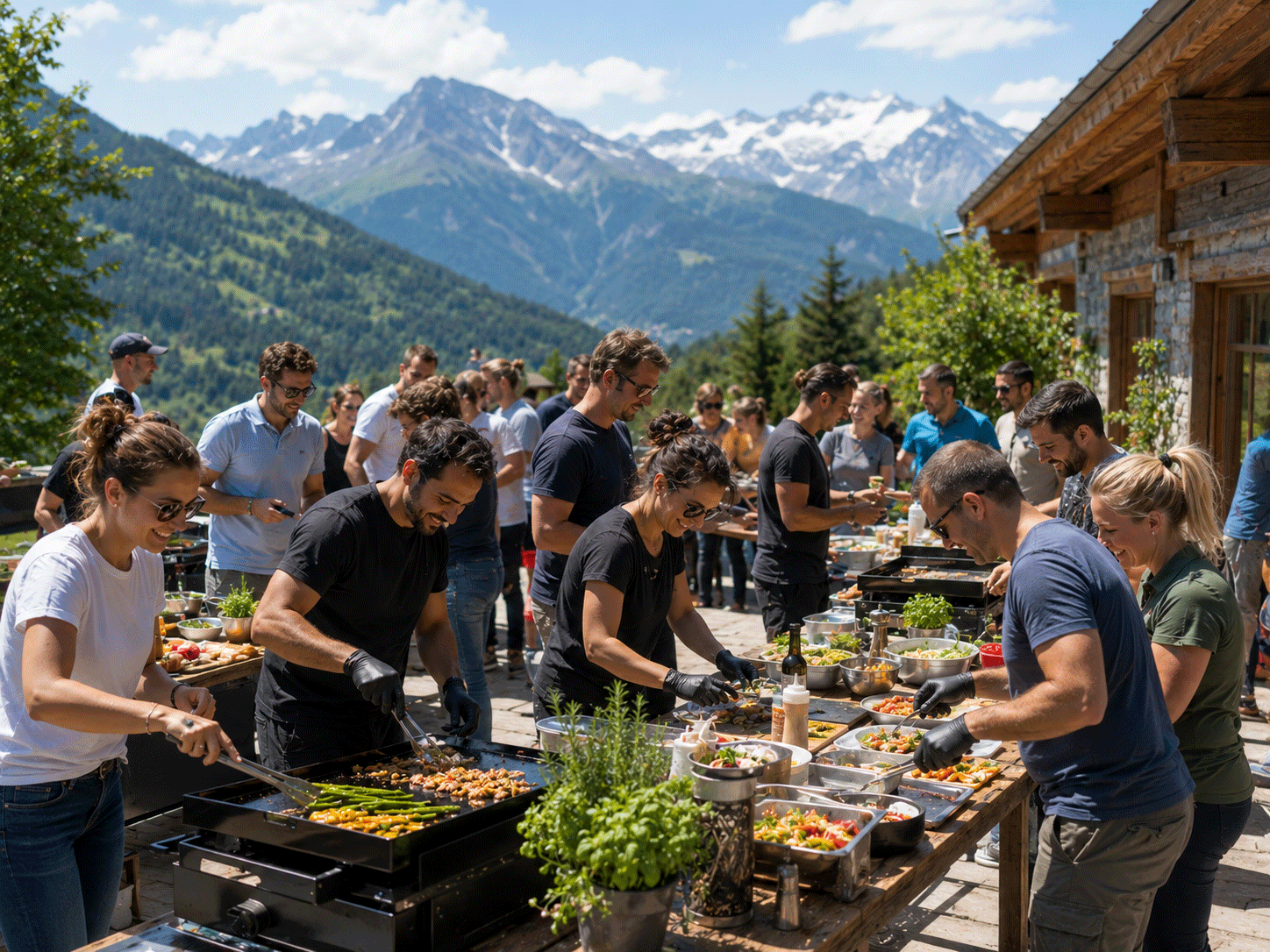 Collaborateurs autour d'un barbecue convivial en montagne
