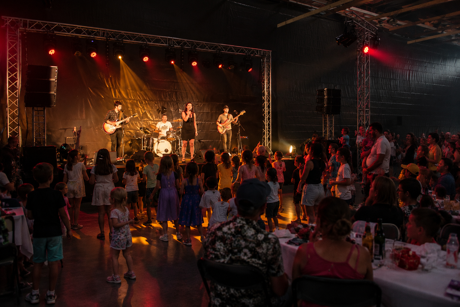 Concert live avec enfants dansant devant la scène et familles attablées lors de la journée famille Pfeiffer Vacuum
