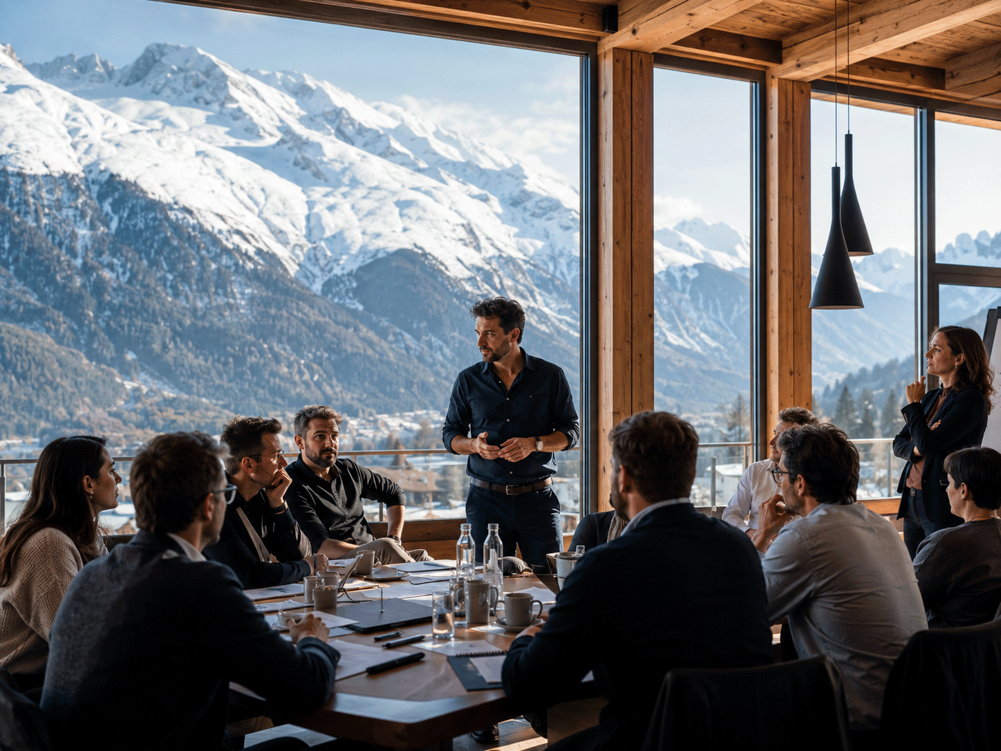 Séance de travail dans un chalet avec vue sur le massif du Mont-Blanc