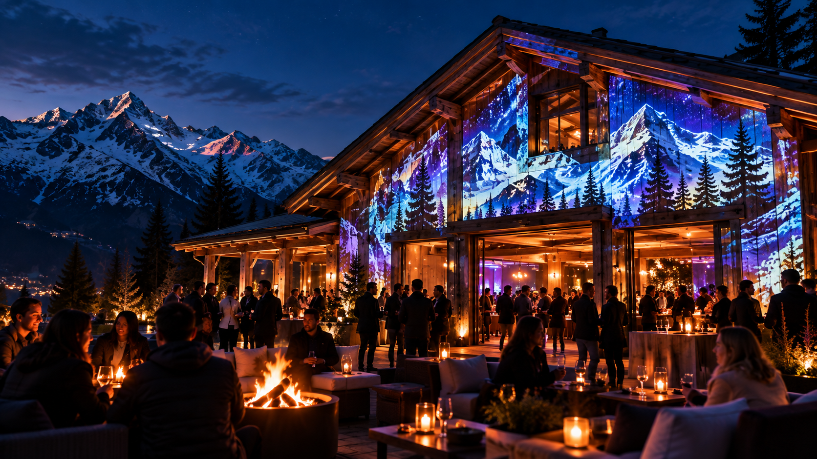 Salle d'événement avant et après mise en lumière avec projection d'un paysage de montagne sur le mur