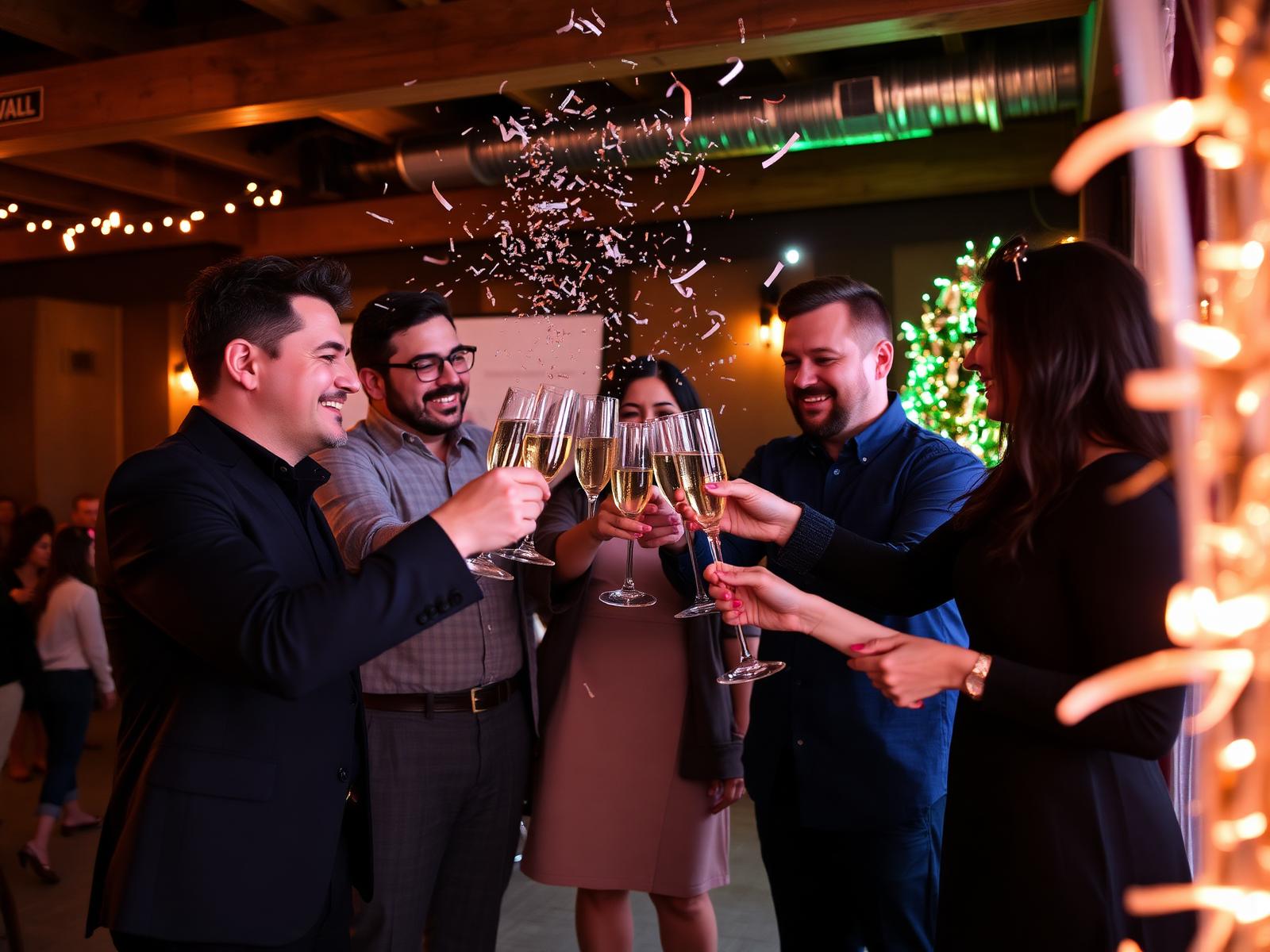Collaborateurs trinquant lors d'un anniversaire d'entreprise dans un lieu de montagne festif