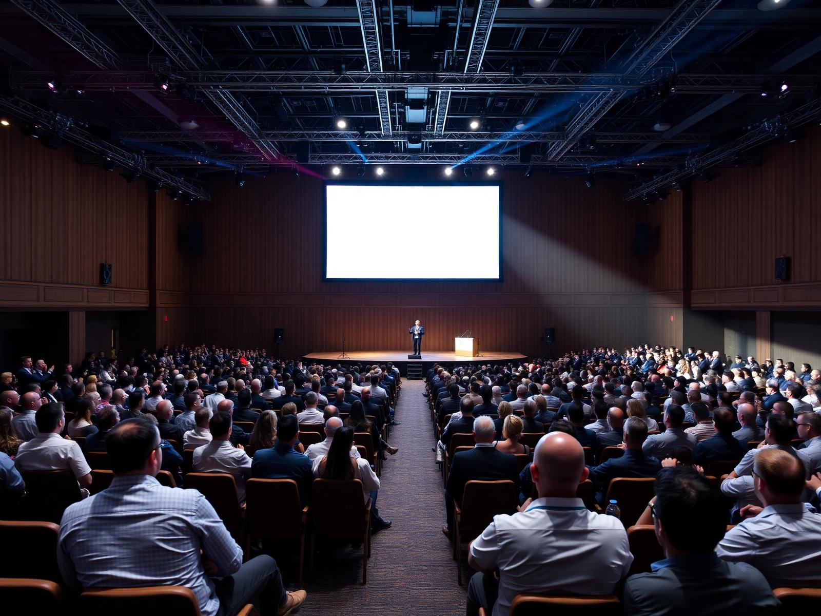 Plénière de convention d'entreprise avec grand écran LED et participants